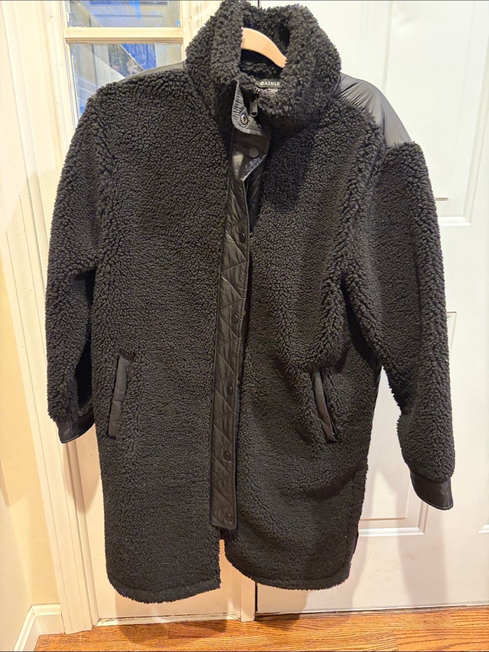 Athleta Black Sherpa Puffer-Trim Coat